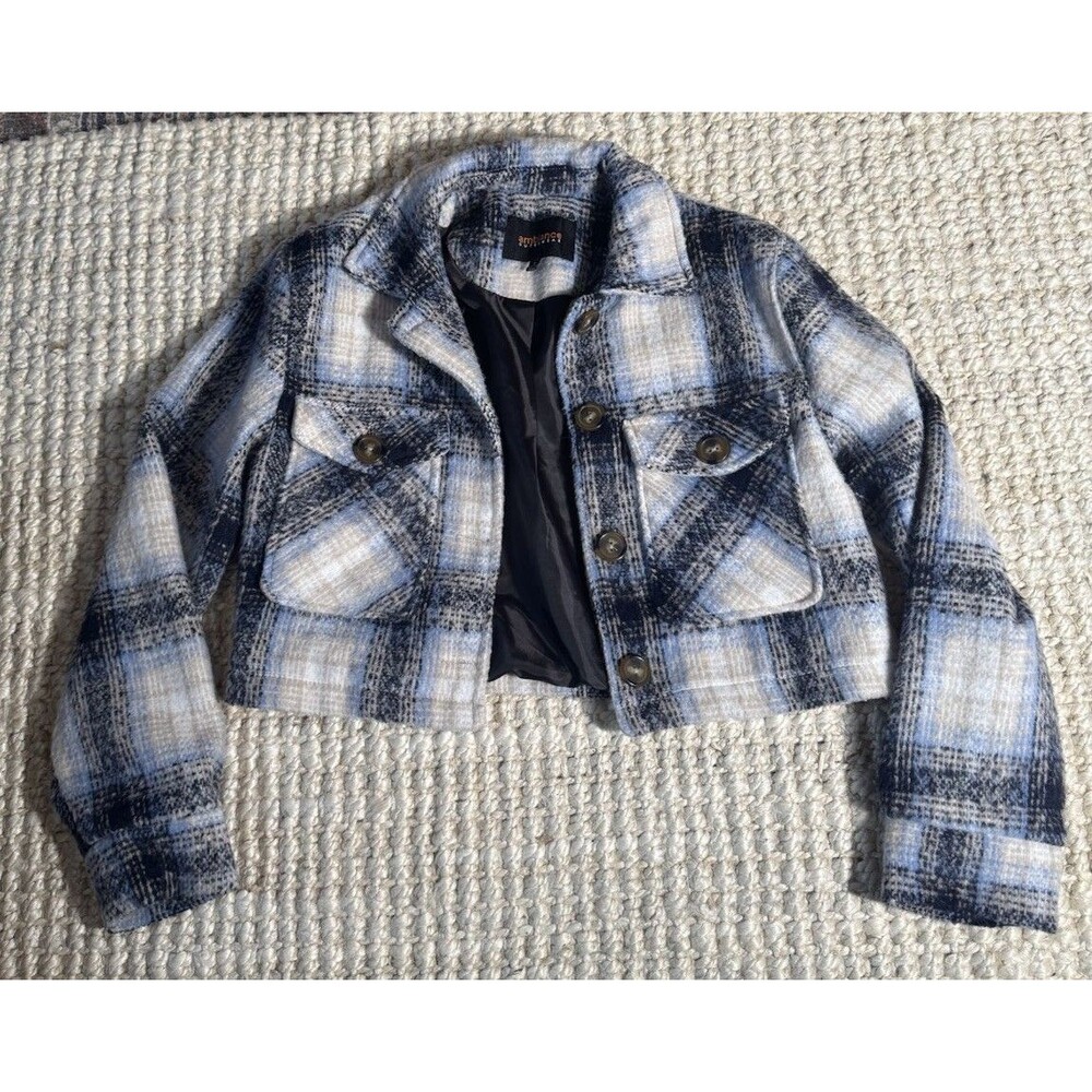 Cropped Plaid Shacket Jacket Women Small Blue White Button Front